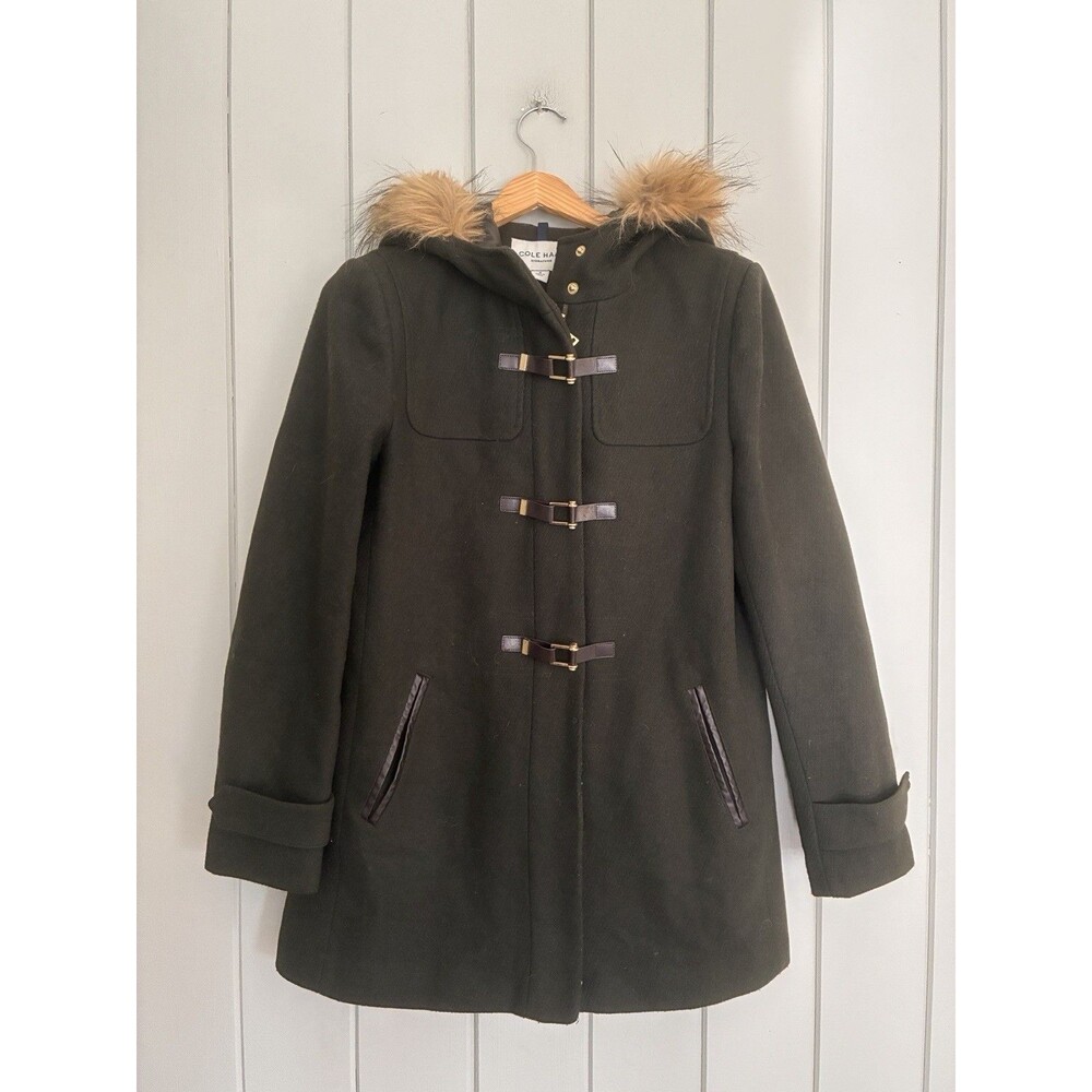 Cole Haan Signature Faux Fur Trim Wool Blend Duffle Coat Olive Green Size 6